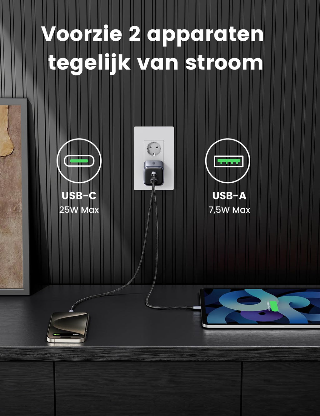 UGREEN Nexode 35W USB C lader USB voedingsadapter GaN II Tech snelle lader met 2 poorten compatibel met iPhone 15 Pro Max, 15 Pro, 15, 14, 13, 12, Galaxy S23 Ultra, S22, iPad, Tab A8, Pixel, HomePod