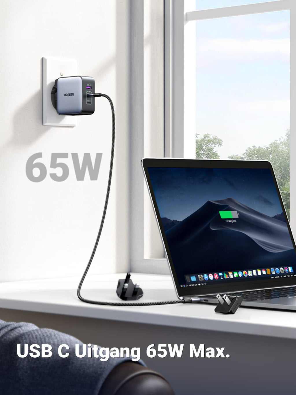 UGREEN Nexode 65W USB C Charger 3-poorts USB C Oplader GaN-reisadapter PD reisoplader Internationaal met EU/US/UK Stekker