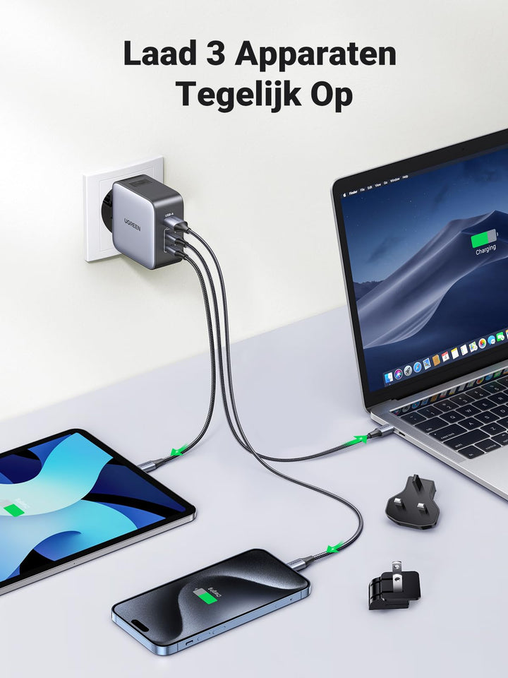 UGREEN Nexode 65W USB C Charger 3-poorts USB C Oplader GaN-reisadapter PD reisoplader Internationaal met EU/US/UK Stekker