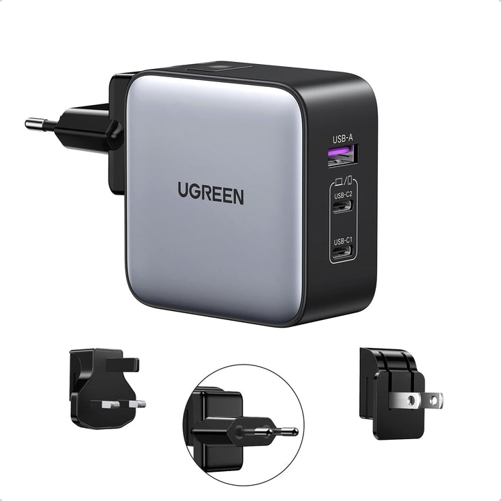 UGREEN Nexode 65W USB C Charger 3-poorts USB C Oplader GaN-reisadapter PD reisoplader Internationaal met EU/US/UK Stekker