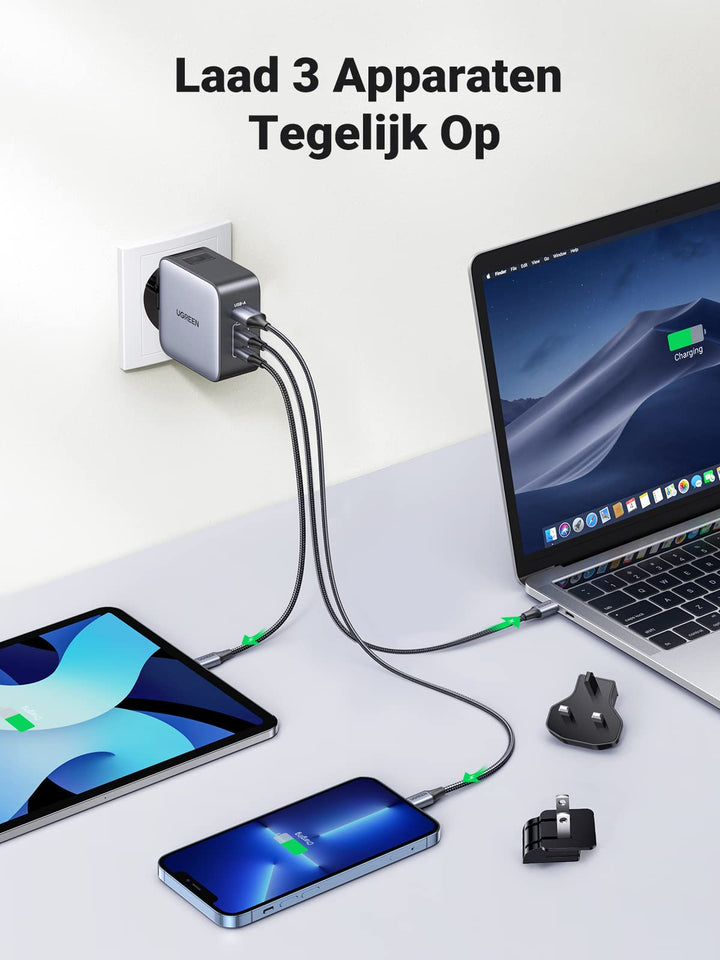 UGREEN Nexode 65W USB C Charger 3-poorts USB C Oplader GaN-reisadapter PD reisoplader Internationaal met EU/US/UK Stekker