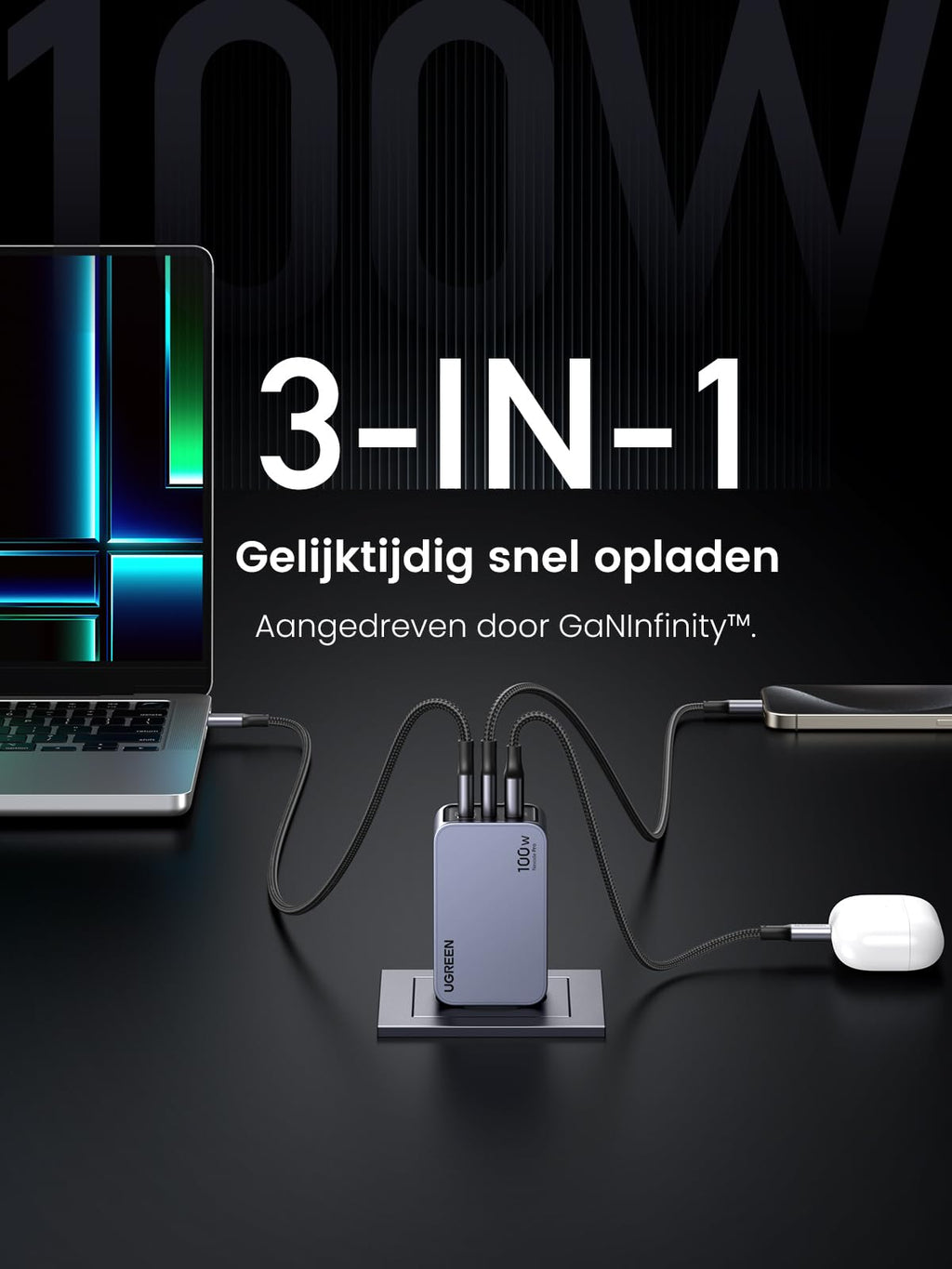 UGREEN Nexode Pro USB C-oplader 100 W GaN-Charger Mini USB C-voeding 3-poorts snellader PPS