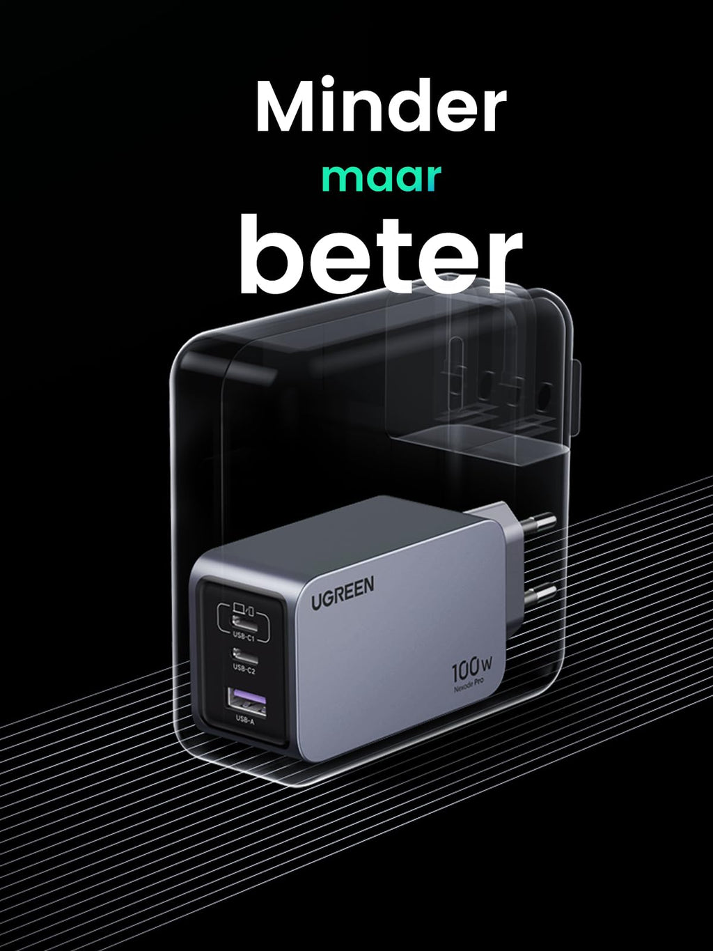 UGREEN Nexode Pro USB C-oplader 100 W GaN-Charger Mini USB C-voeding 3-poorts snellader PPS