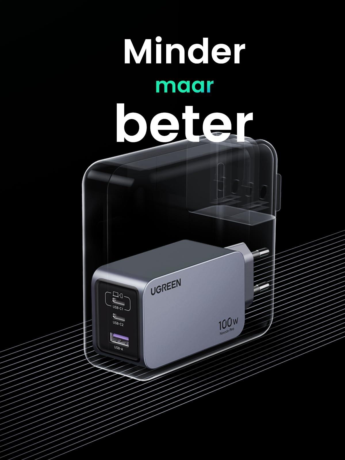 UGREEN Nexode Pro USB C-oplader 100 W GaN-Charger Mini USB C-voeding 3-poorts snellader PPS