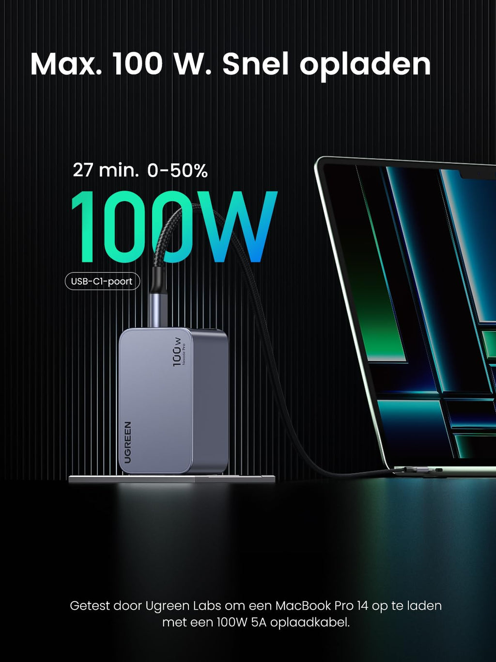 UGREEN Nexode Pro USB C-oplader 100 W GaN-Charger Mini USB C-voeding 3-poorts snellader PPS