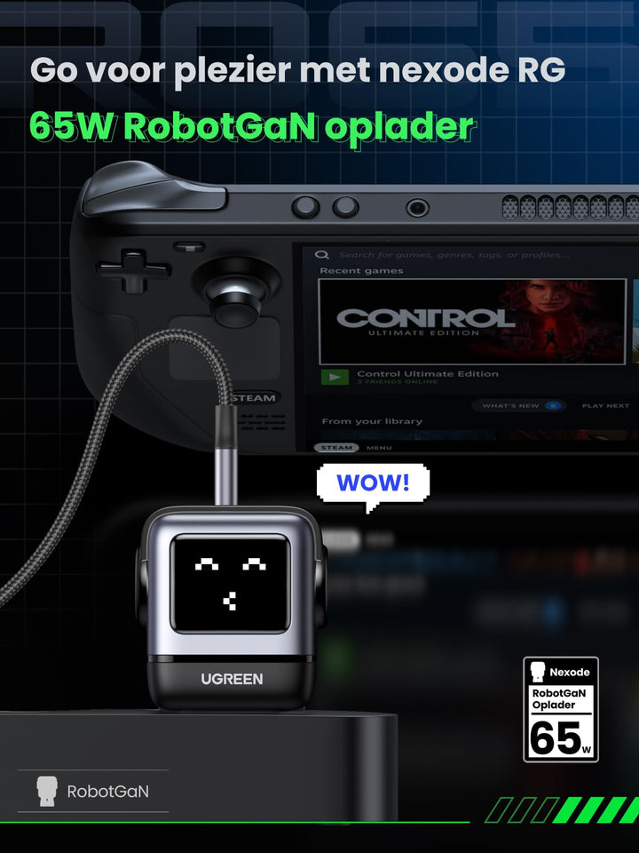 UGREEN Nexode RG USB C-oplader 65W USB C-voeding 3-poorts snellader Robot (zwart)