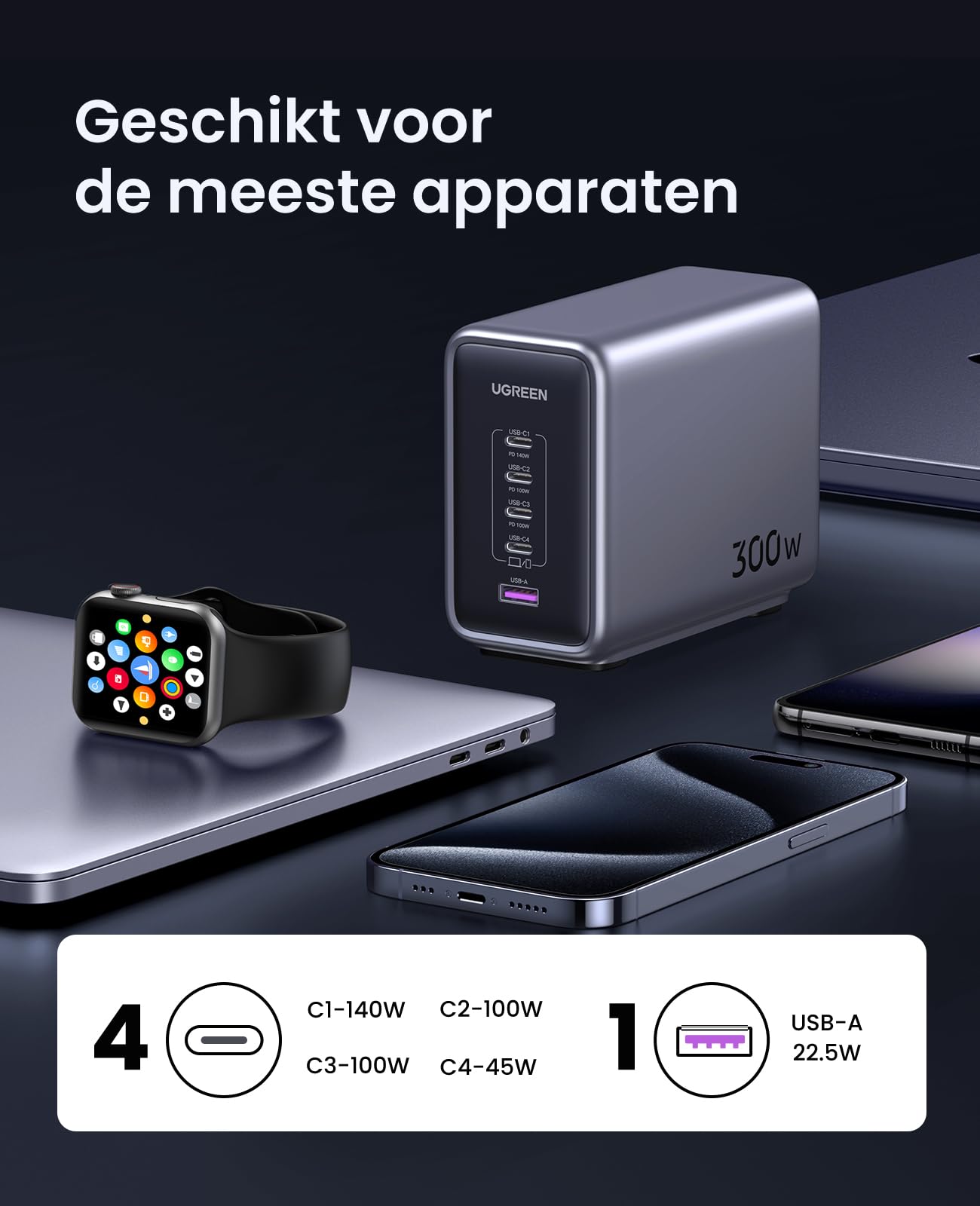 UGREEN Nexode 300W USB C GaN Oplader met 5 poorten - geschikt voor de meeste apparaten