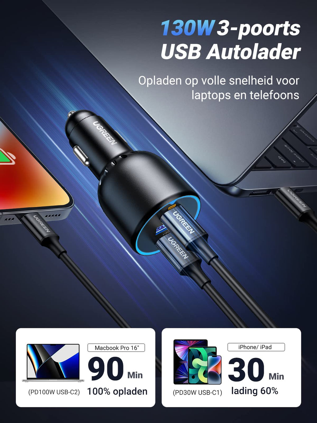 UGREEN sigarettenaansteker USB C 130W USB C autolader 3-poorts autolader USB C