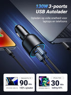 UGREEN sigarettenaansteker USB C 130W USB C autolader 3-poorts autolader USB C