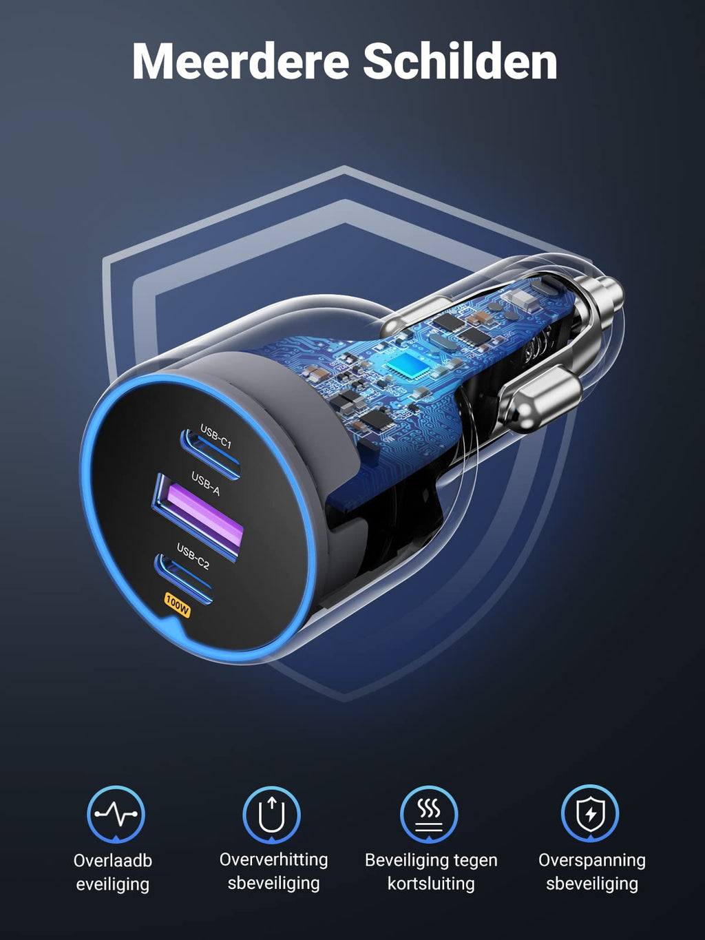 UGREEN sigarettenaansteker USB C 130W USB C autolader 3-poorts autolader USB C