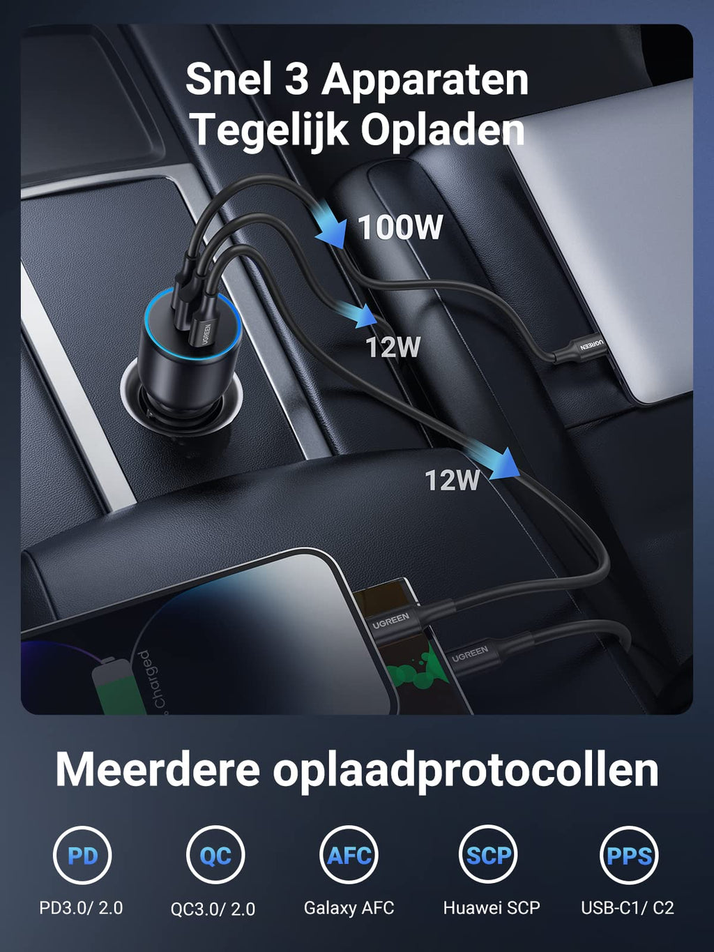 UGREEN sigarettenaansteker USB C 130W USB C autolader 3-poorts autolader USB C