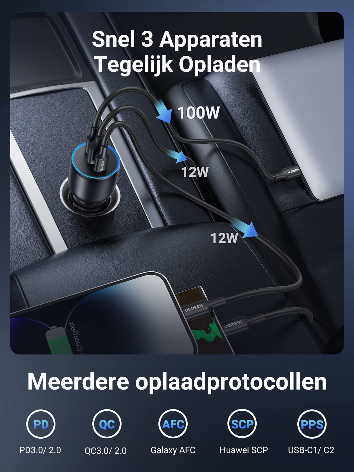 UGREEN sigarettenaansteker USB C 130W USB C autolader 3-poorts autolader USB C