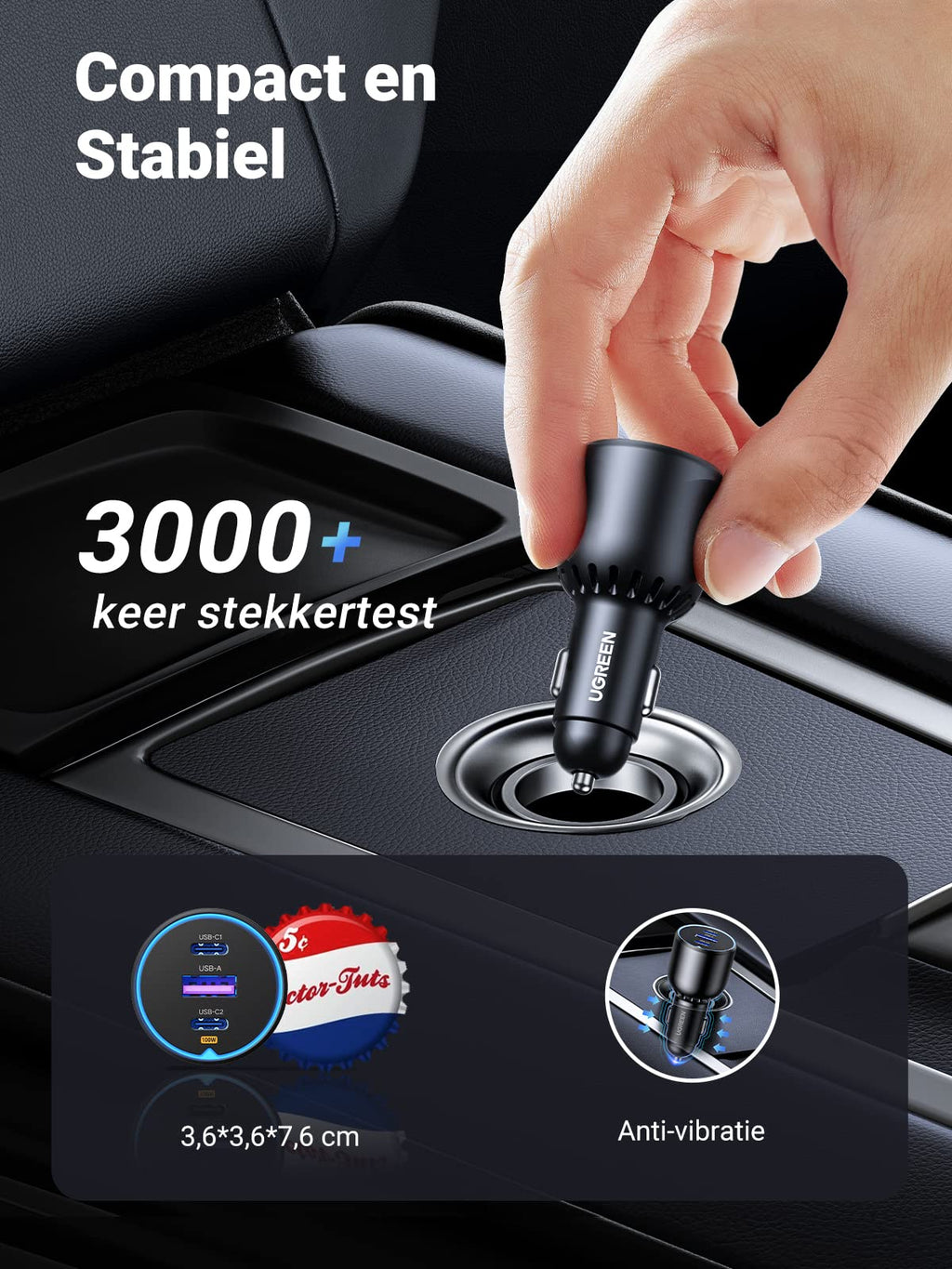 UGREEN sigarettenaansteker USB C 130W USB C autolader 3-poorts autolader USB C