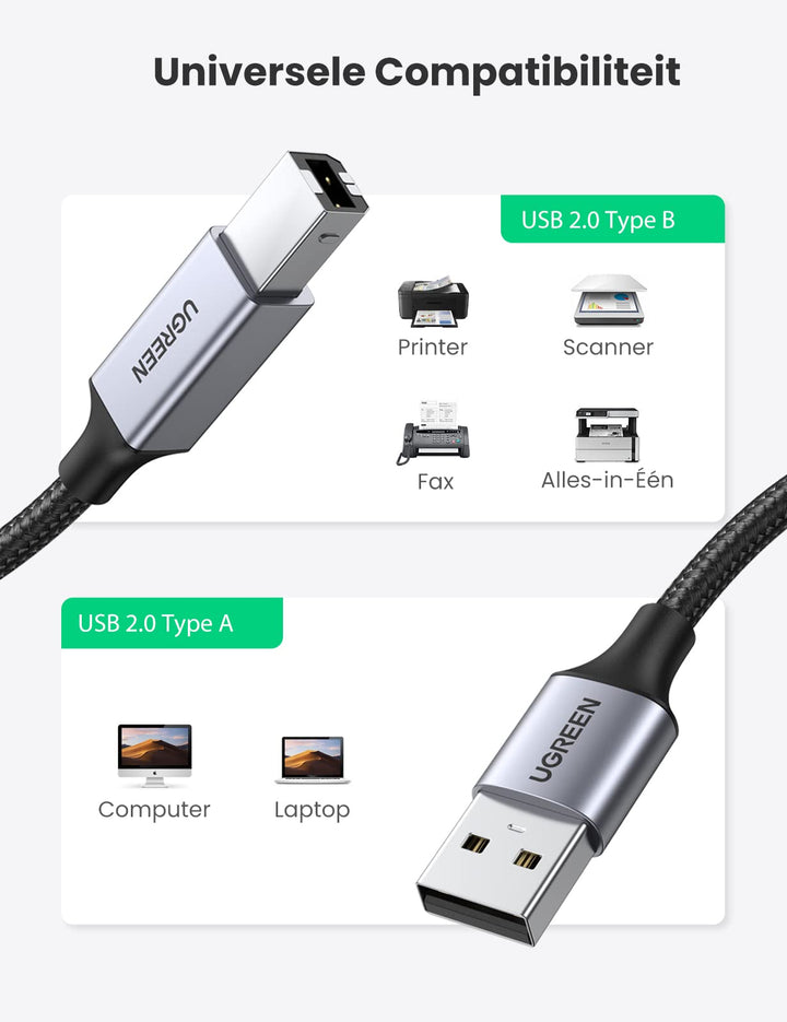 UGREEN USB 2.0 A naar USB 2.0 Type B Printerkabel, Nylon Aluminium Omhulsel Gevlochten Kabel. (2M)