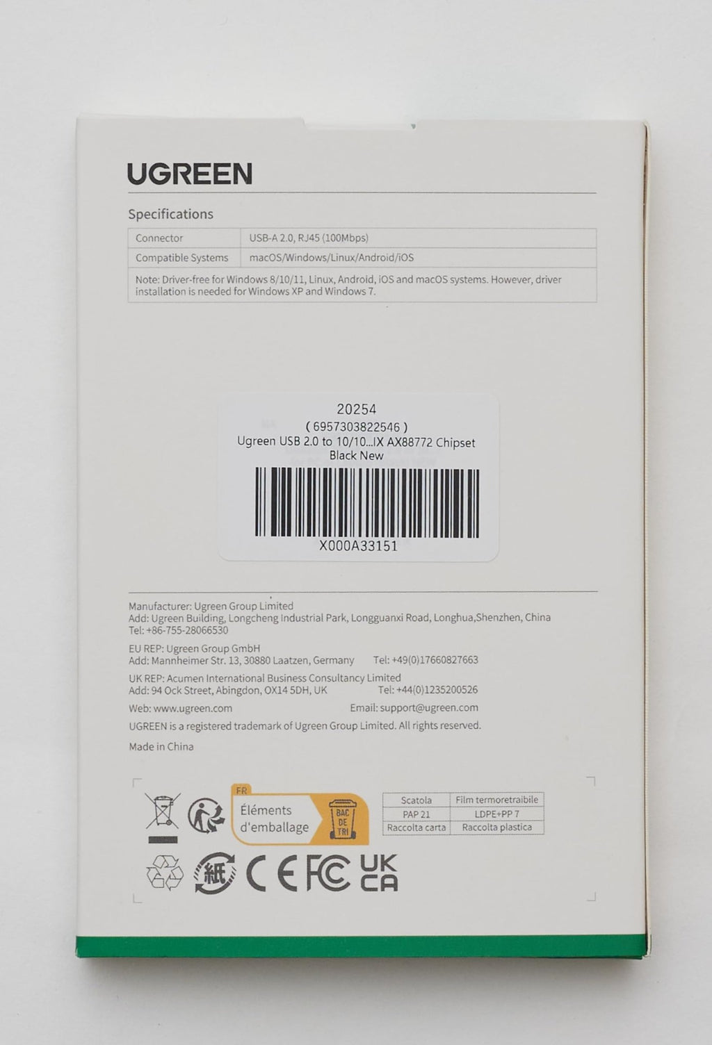 UGREEN USB 2.0 Ethernet Adapter USB 2.0 naar RJ45 Netwerkadapter 100Mbps LAN Adapter