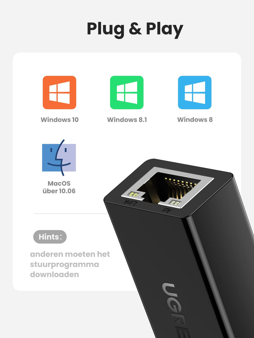 UGREEN USB 2.0 Ethernet Adapter USB 2.0 naar RJ45 Netwerkadapter 100Mbps LAN Adapter