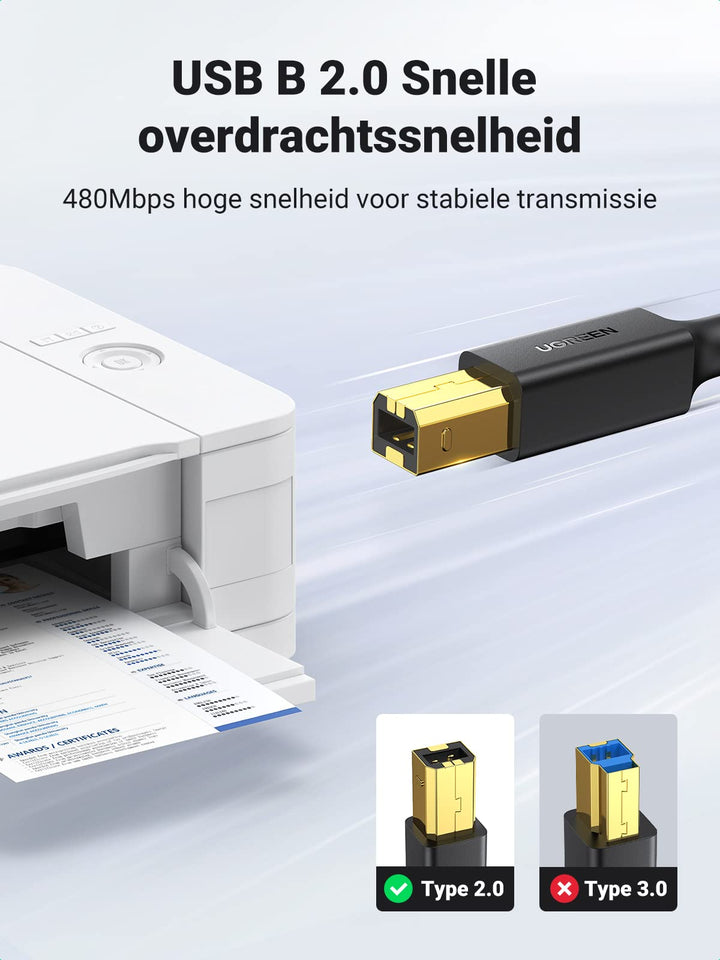 UGREEN USB 2.0 Kabel USB A naar USB B Printer Kabel USB B Kabel Vergulde Contacten Ondersteunt voor HP, Canon, Epson, Lexmark, Brother, Dell Printer, enz. (3 m)