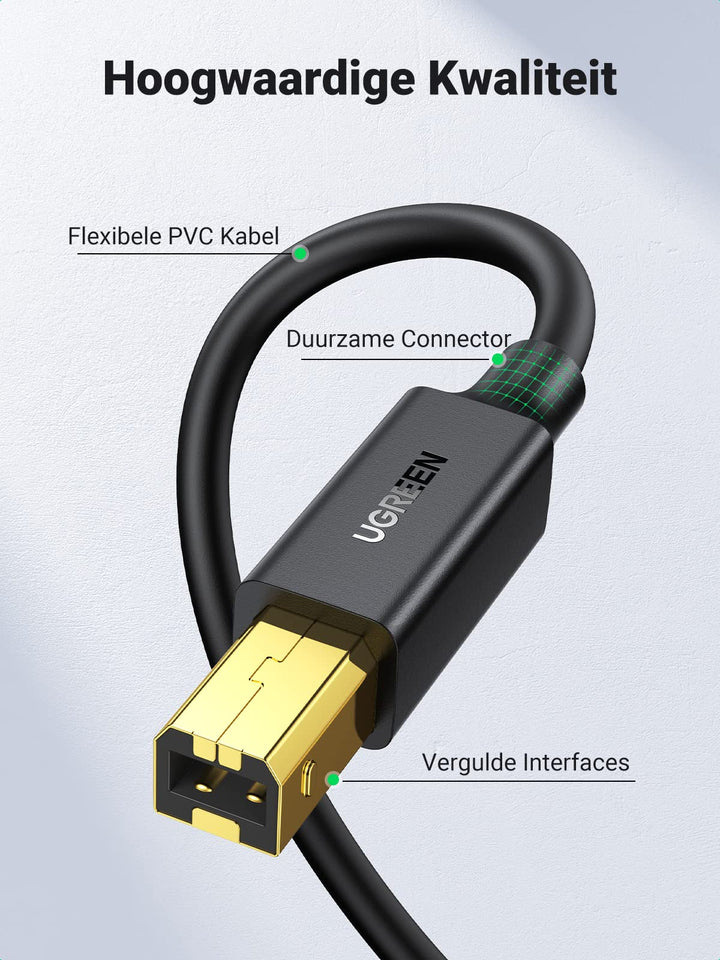 UGREEN USB 2.0 Kabel USB A naar USB B Printer Kabel USB B Kabel Vergulde Contacten Ondersteunt voor HP, Canon, Epson, Lexmark, Brother, Dell Printer, enz. (3 m)