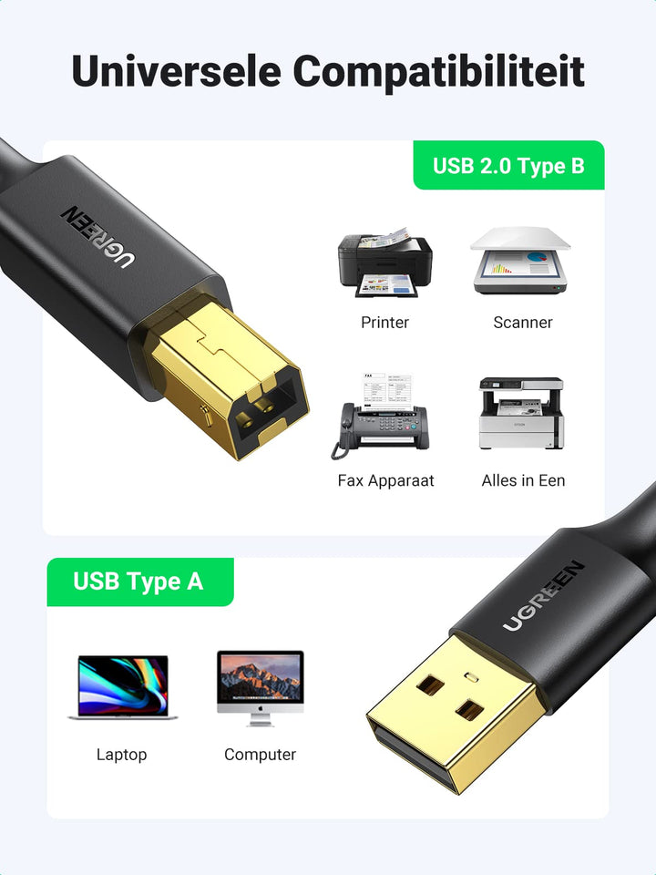 UGREEN USB 2.0 Kabel USB A naar USB B Printer Kabel USB B Kabel Vergulde Contacten Ondersteunt voor HP, Canon, Epson, Lexmark, Brother, Dell Printer, enz. (3 m)