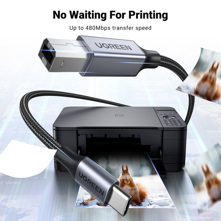 UGREEN USB 2.0 Printer Kabel USB C naar USB Printer Kabel Nylon Aluminium Omhulsel Gevlochten. (2M)