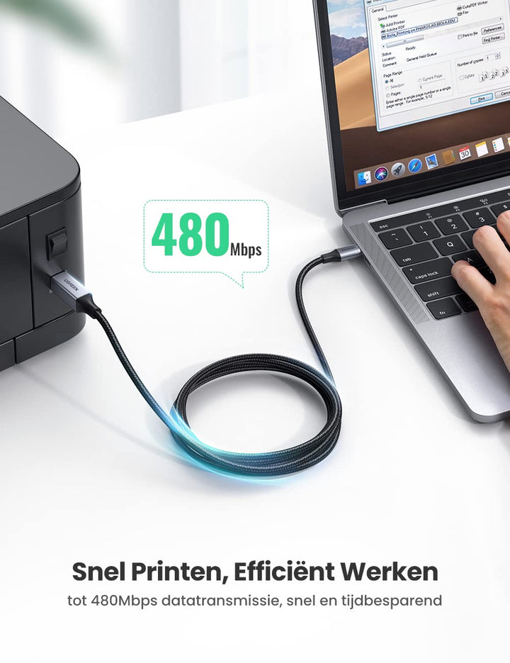 UGREEN USB 2.0 Printer Kabel USB C naar USB Printer Kabel Nylon Aluminium Omhulsel Gevlochten. (3M)