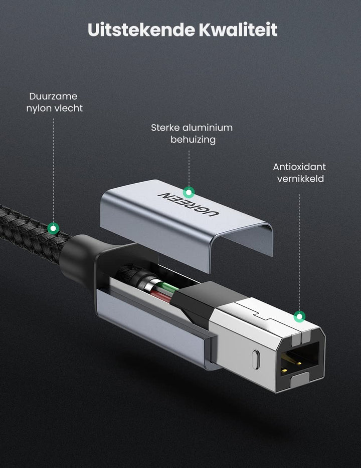 UGREEN USB 2.0 Printer Kabel USB C naar USB Printer Kabel Nylon Aluminium Omhulsel Gevlochten. (3M)