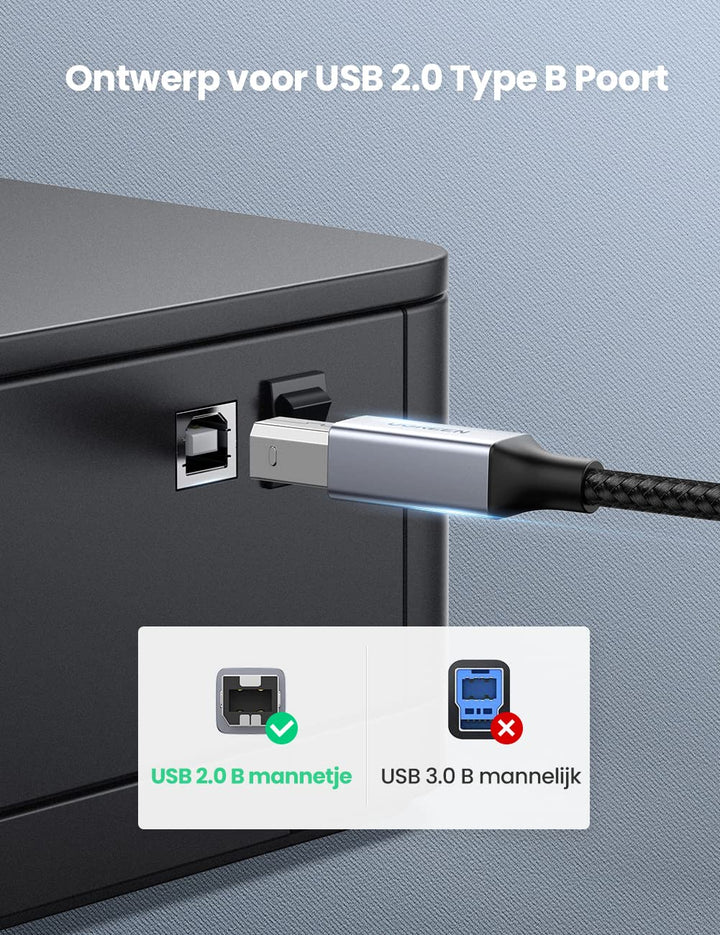 UGREEN USB 2.0 Printer Kabel USB C naar USB Printer Kabel Nylon Aluminium Omhulsel Gevlochten. (3M)