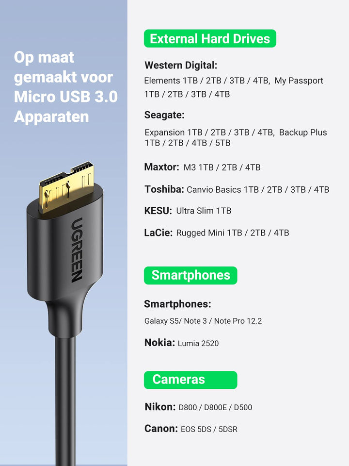 UGREEN USB 3.0 A naar Micro USB 3.0 Datakabel Harde Schijfkabel. (0.5M)