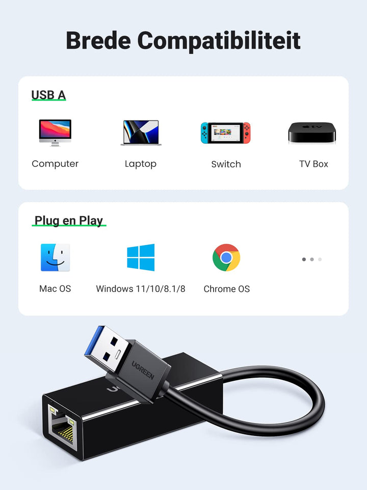 UGREEN USB 3.0 Ethernet Adapter USB naar RJ45 Netwerkadapter USB LAN 1000Mbps Gigabit Adapter Compatibel met Mi Box