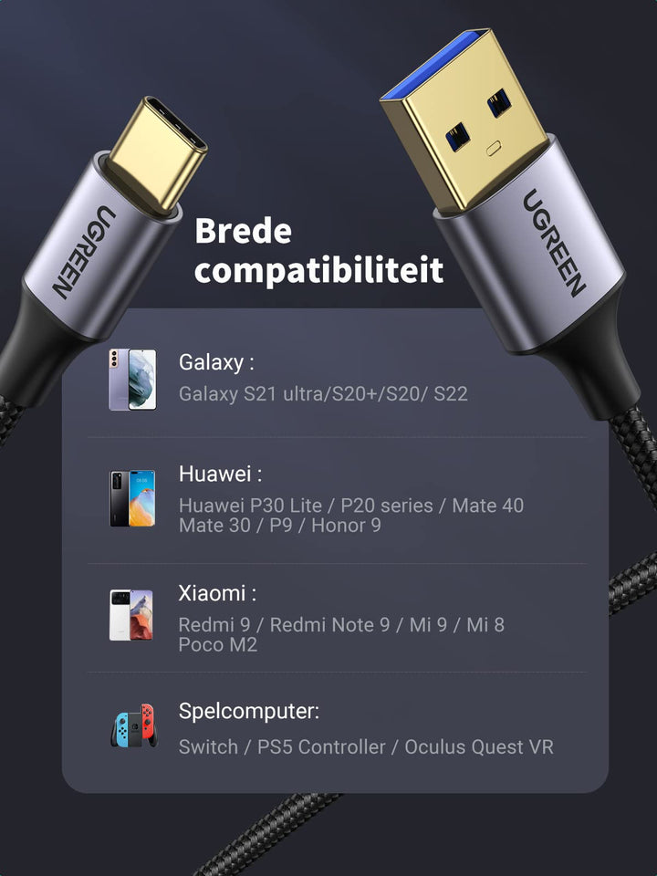 UGREEN USB 3.0 Oplaadkabel USB-C kabel Snel Opladen 3.0 Type C Snellaadkabel