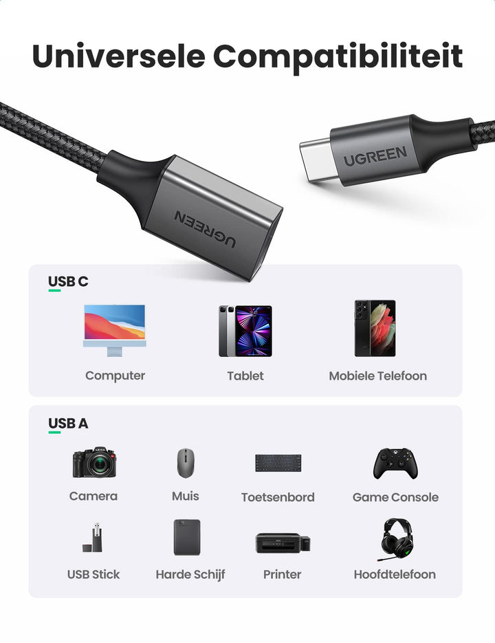 UGREEN USB 3.0 OTG Adapter USB C naar USB A 3.0 OTG Kabel. (Zwart)