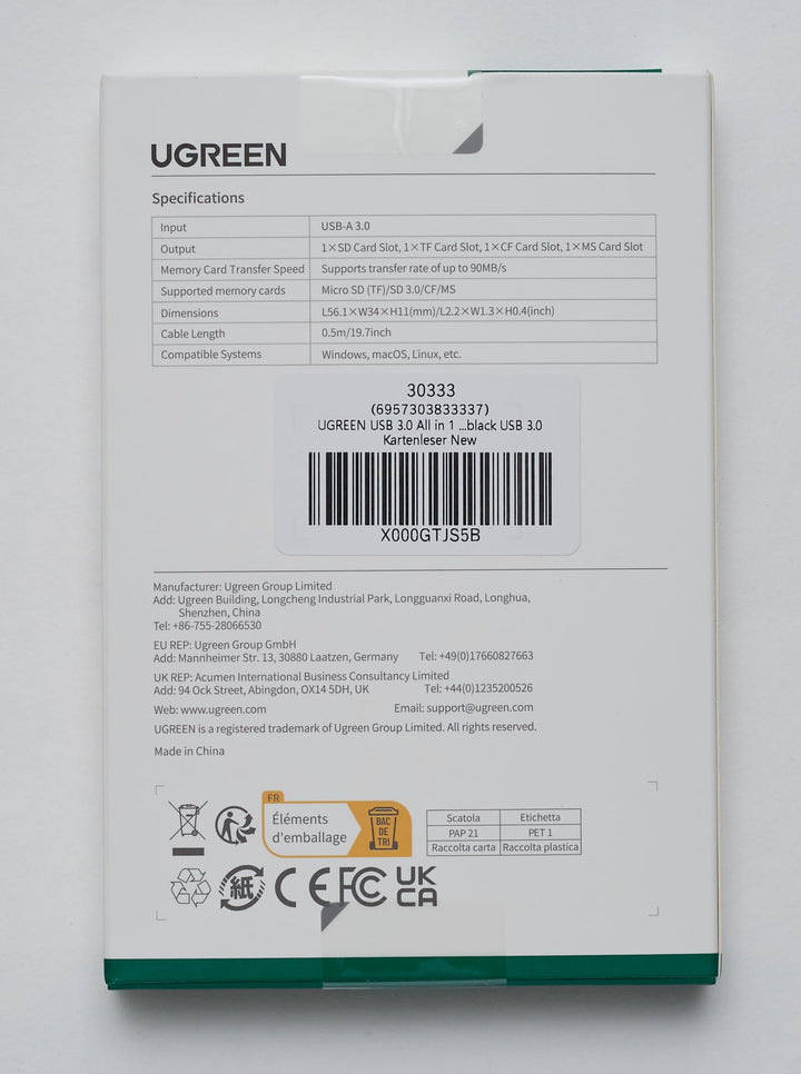 UGREEN USB 3.0 SD Kaartlezer Micro SD/TF/MS/CF 4 in 1 5Gbps Overdrachtssnelheid Kaartlezer Externe Geheugenkaart Adapter.