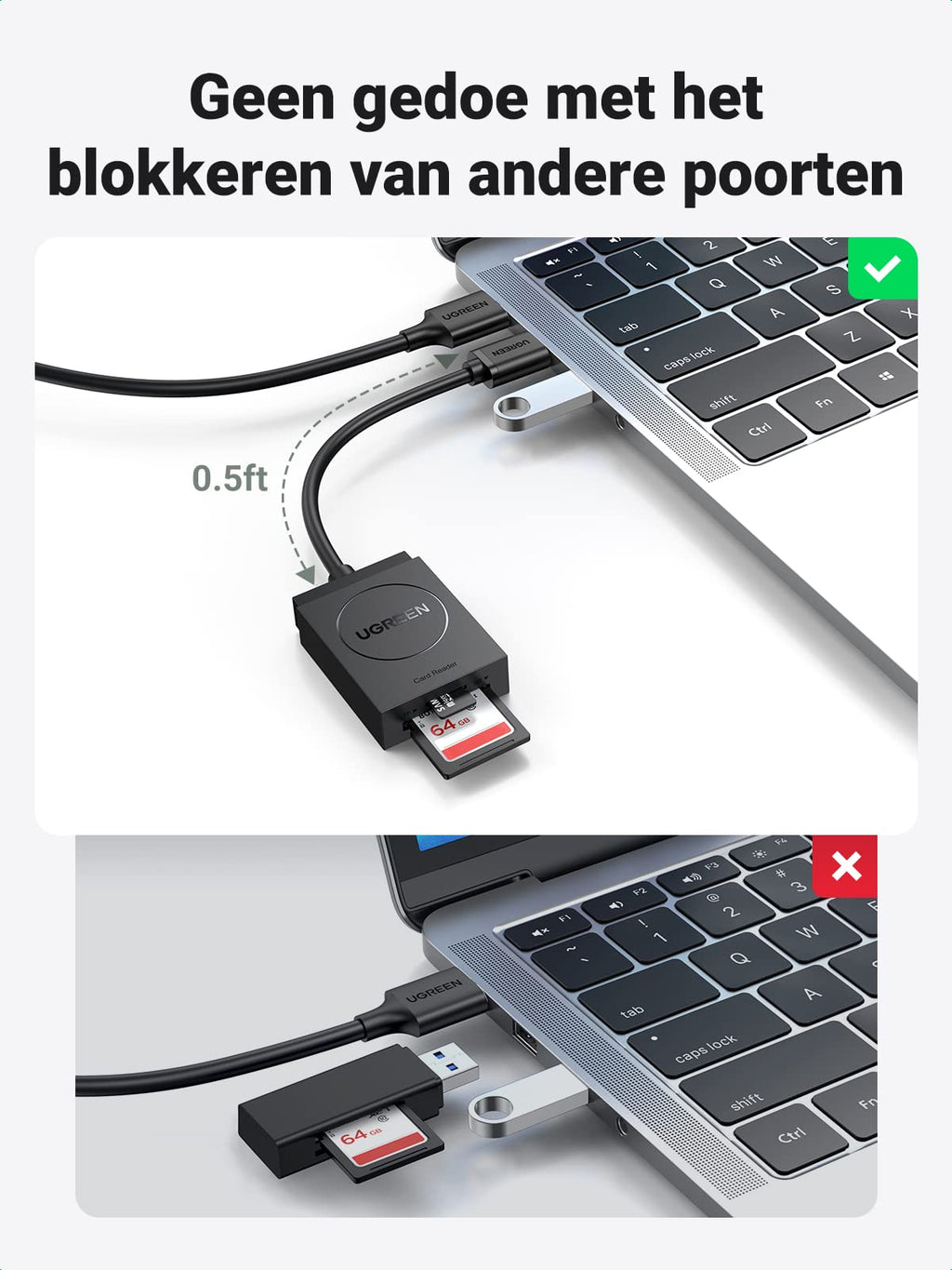 UGREEN USB 3.0 SD/TF Kaartlezer 2 Kaartsleuven USB Kaartlezer Adapter.