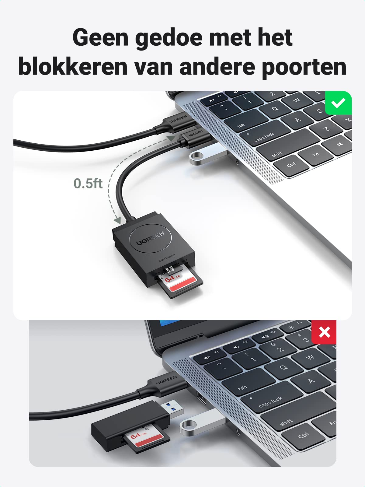 UGREEN USB 3.0 SD/TF Kaartlezer 2 Kaartsleuven USB Kaartlezer Adapter.