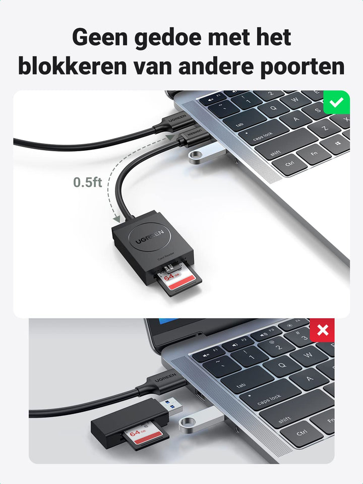 UGREEN USB 3.0 SD/TF Kaartlezer 2 Kaartsleuven USB Kaartlezer Adapter.