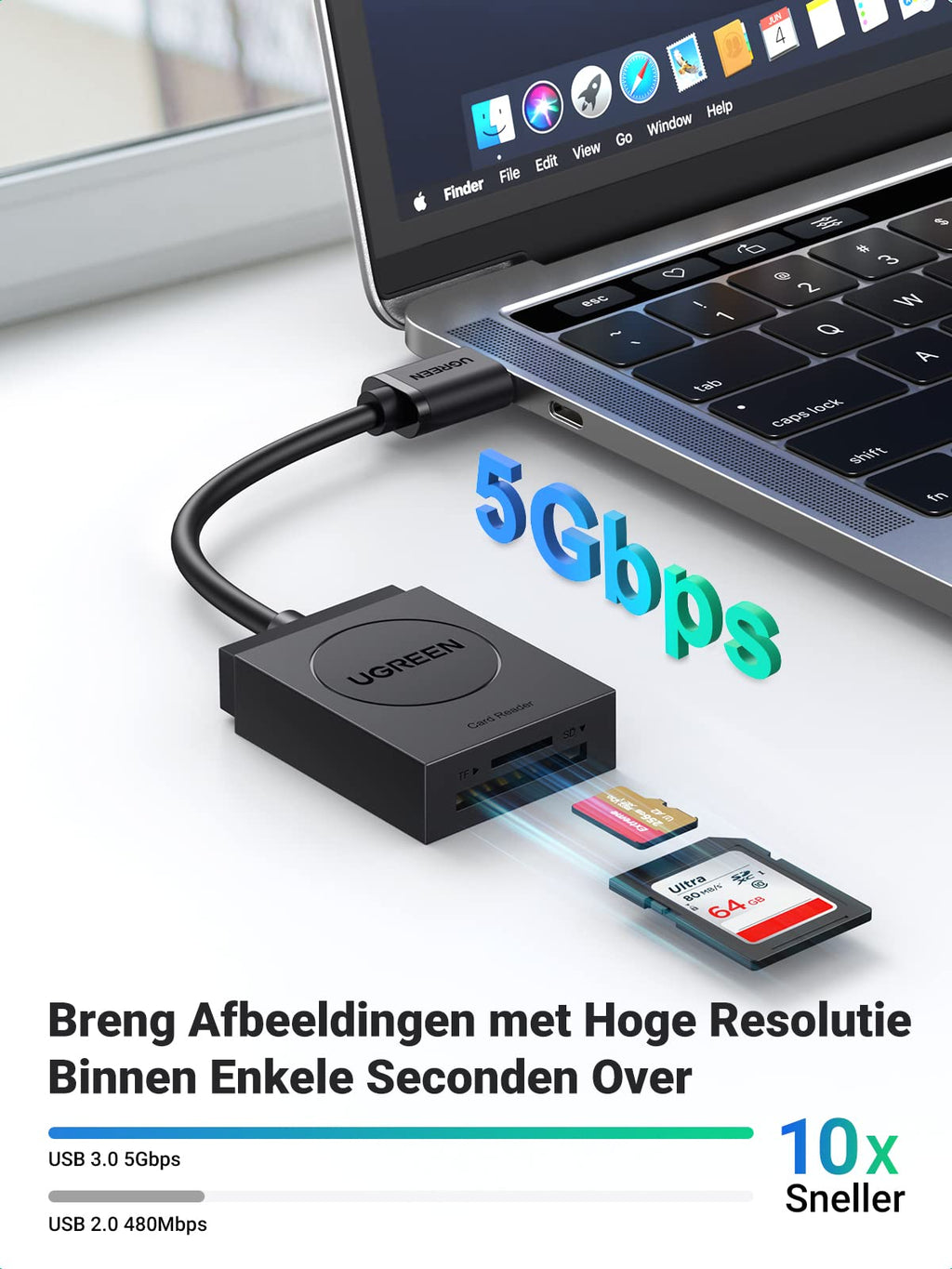 UGREEN USB 3.0 SD/TF Kaartlezer 2 Kaartsleuven USB Kaartlezer Adapter.