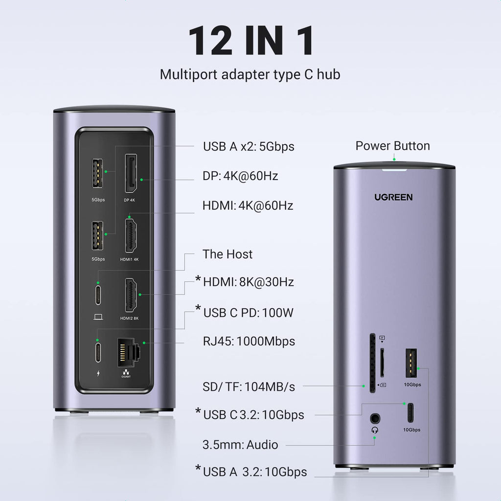 UGREEN USB C Docking Station, 12 in 1 USB C dock voor Windows en MacOS, Triple display 2HDMI DP 4k@60Hz