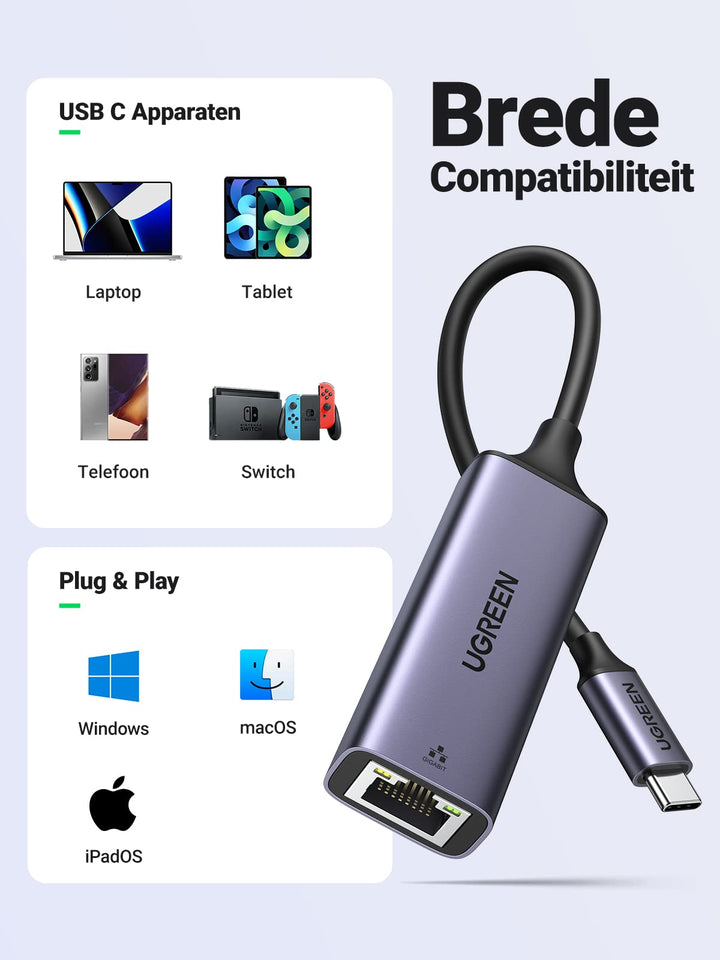 UGREEN USB C Ethernet Adapter USB Lan RJ45 1000Mbps Gigabit Netwerk Adapter Geschikt