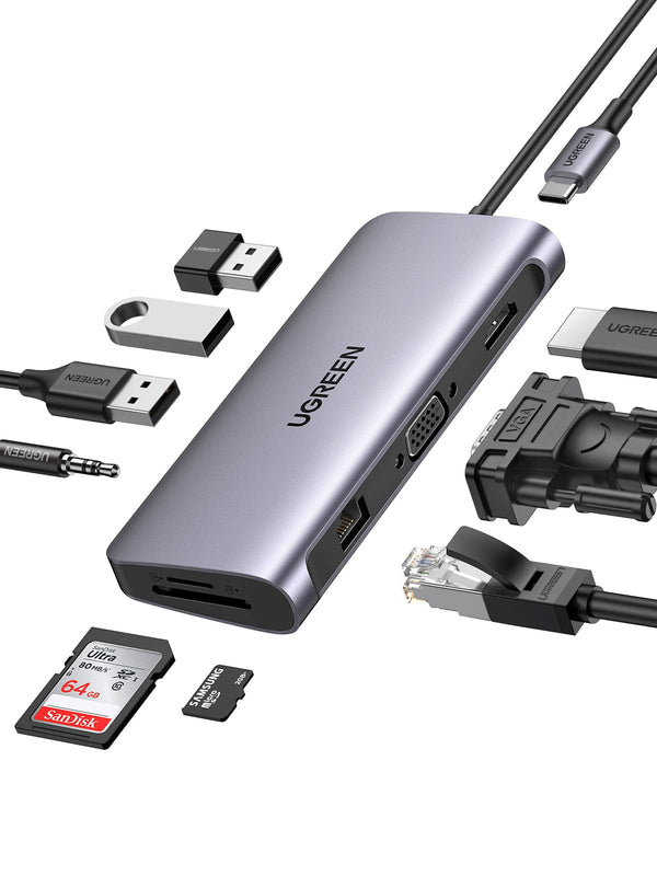 UGREEN USB C Hub 10 in 1 Adapter naar HDMI 4K, Gigabit Ethernet, 3 USB 3.0 poorten, VGA 1080P, 100W Power Delivery
