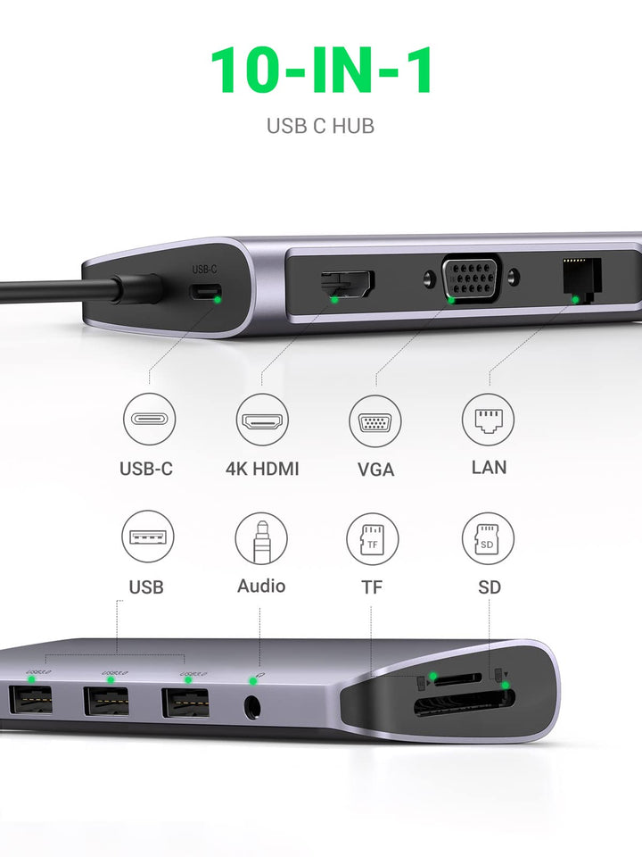 UGREEN USB C Hub 10 in 1 Adapter naar HDMI 4K, Gigabit Ethernet, 3 USB 3.0 poorten, VGA 1080P, 100W Power Delivery