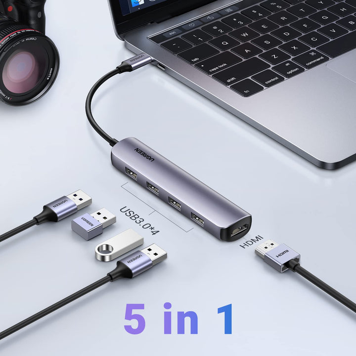 UGREEN USB C Hub 5 in 1 USB C naar HDMI 4K Adapter en 4 Aluminium USB 3.0 Poorten Compatibel met MacBook Pro MacBook Air