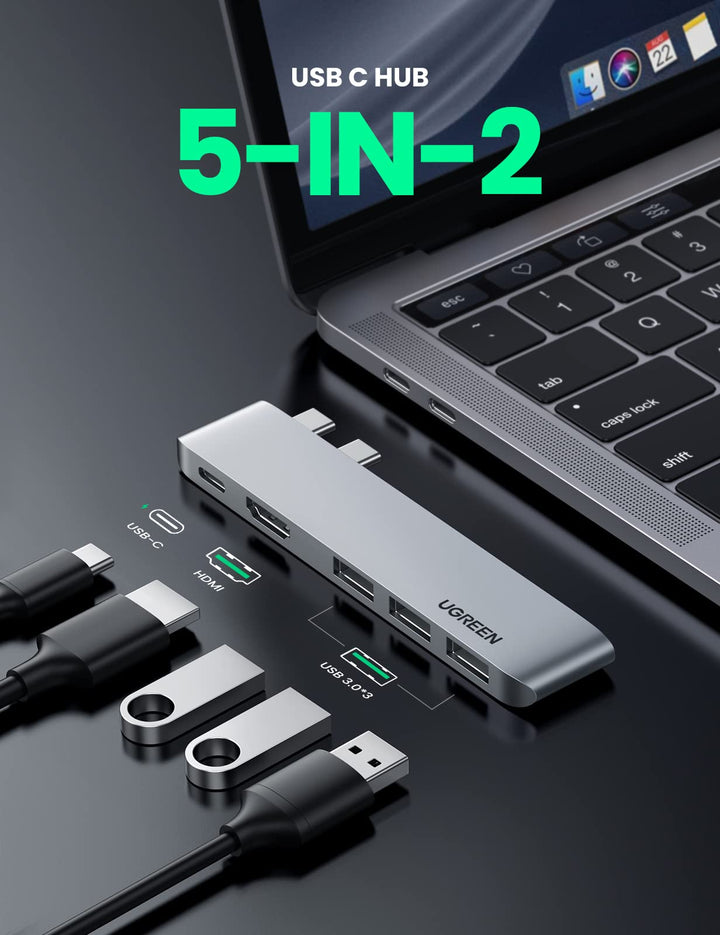 UGREEN USB C Hub 5 in 2 Adapter met 4K HDMI poort, Thunderbolt 3 poort(100W PD/ 8K Video/ 40Gbp), 3 USB 3.0 poorten Type C Adapter Ondersteunt MacBook Air 2020 2019, MacBook Pro 2020 2019 enz. Aluminium