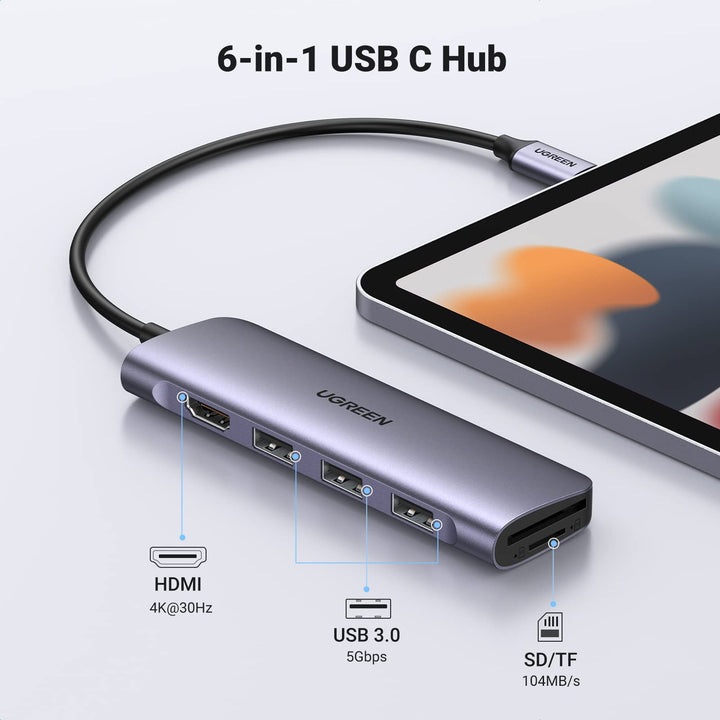 UGREEN USB C Hub 6 in 1 4K HDMI SD TF Kaartlezer 3 USB 3.0 poorten Adapter Type C