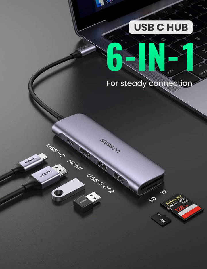 UGREEN USB C Hub 6 in 1 4K HDMI, USB C Power Delivery 100W, SD TF Kaartlezer, 2 USB 3.0 poorten