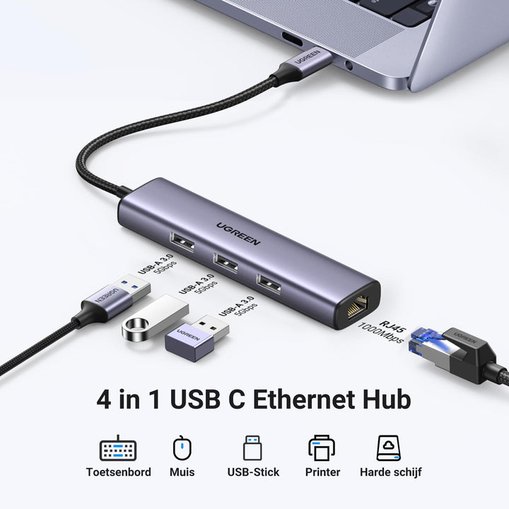 UGREEN USB C Hub met Gigabit Ethernet Adapter USB C Netwerk Adapter 1000Mbps met 3 USB 3.0 poorten Compatibel met MacBook Air/Pro, iPad Pro/Air, Surface Pro 7, XPS 13 Book etc.