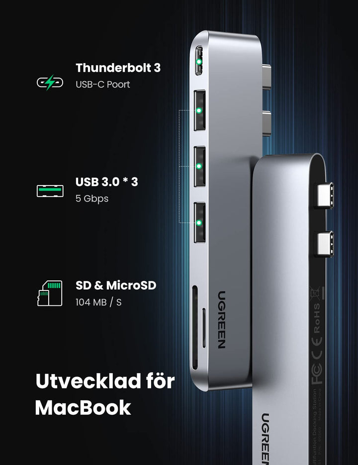 UGREEN USB C Kaartlezer USB C Hub met SD/TF Kaartsleuven, PD 100W, 3 USB 3.0