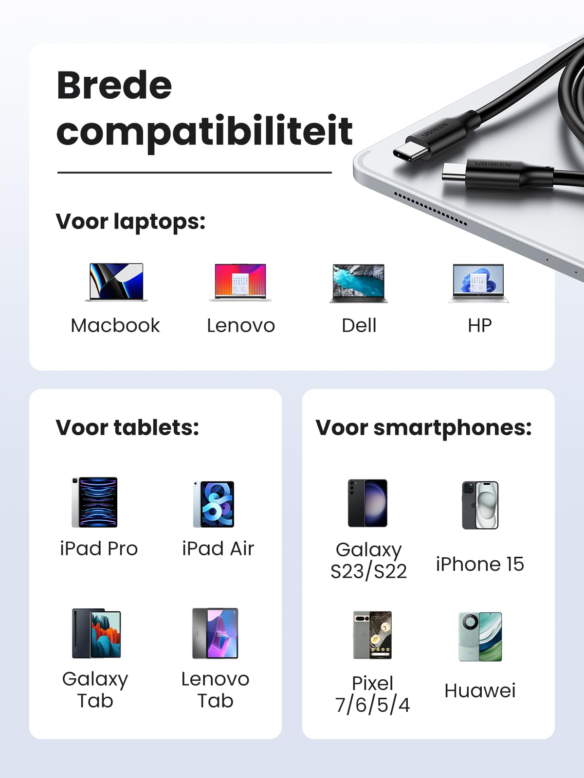 UGREEN USB C Kabel 100W 2st Oplaadkabel USB C naar USB C 5A/20V PD 3.0 PPS compatibel met iPhone 15, M2 MacBook Pro/Air, iPad Pro 12.9 iPad Air 5 Galaxy S23 Ultra Pixel 7 Pro Steam Deck enz. (1m)
