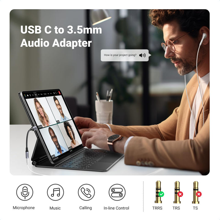 UGREEN USB C naar 3.5mm Aux Adapter Compatibel met Galaxy S23 Ultra, S23+, S23, S22 iPad Pro/Air/Mini 2021 MacBook Pro 2021