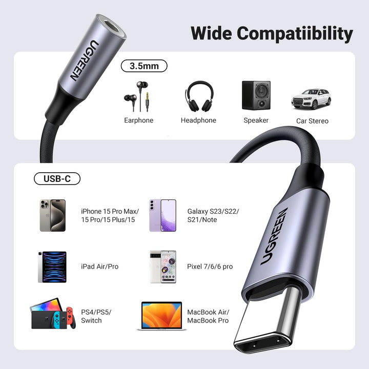 UGREEN USB C naar 3.5mm Aux Adapter Compatibel met Galaxy S23 Ultra, S23+, S23, S22 iPad Pro/Air/Mini 2021 MacBook Pro 2021