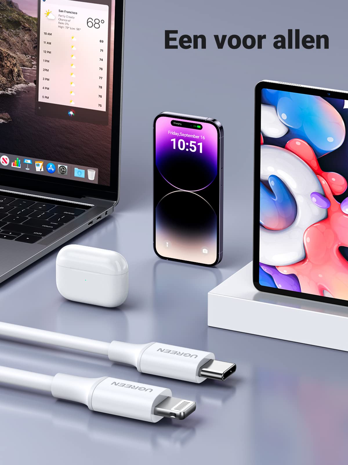 UGREEN USB C naar Lightning Oplaadkabel Wit MFi Lightning USB C Kabel PD 3.0 compatibel met iPhone 14 Pro Max, iPhone 13 Mini, iPhone 12, iPhone SE, iPad 2021 iPad 2020 AirPods Pro enz. (1M)
